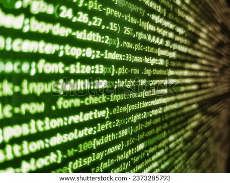 Green binary code. HTML website structure. Screen display of computer script coding. Abstract technology pattern background of IT project. Error concept