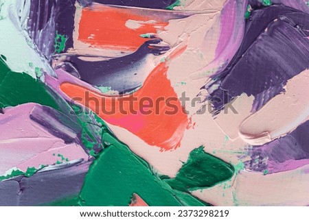Closeup of abstract rough colorful art painting texture, with oil brushstroke, pallet knife paint on canvas, complementary colors.