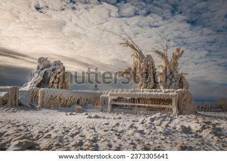 Strange Ice Formations on Pier in Lake Erie, Canada, Day after Winter Storm, stormy sky Royalty-Free Stock Photo #2373305641