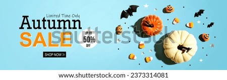 Autumn sale banner with pumpkins and Halloween decorations - flat lay