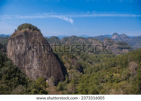 A landscape picture of the mountains and hills of Wuyishan in Fujian province China., background, copy space