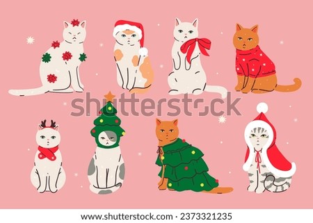 Set of cute cats in Christmas clothes. Vector graphics.