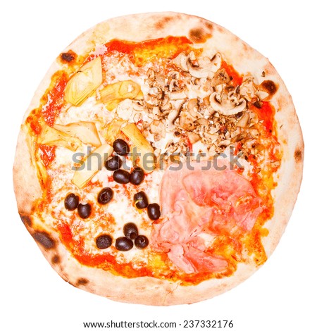 Vintage looking Italian Four Seasons Pizza Pizza Quattro Stagioni - isolated over a white background