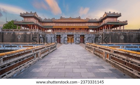 Meridian Gate of Imperial Royal Palace of Nguyen dynasty in Hue, Vietnam at sunset Royalty-Free Stock Photo #2373331145