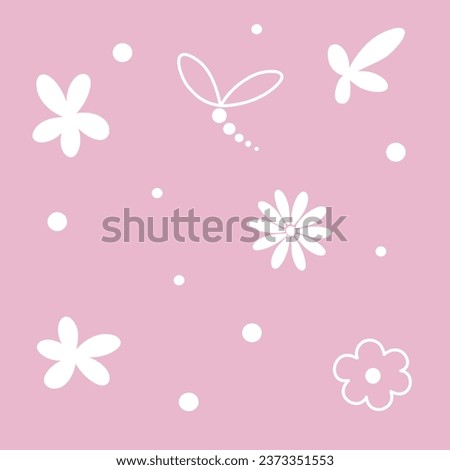 Illustration of white flowers and circles on pink background.
