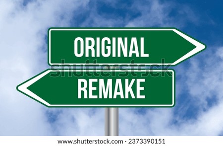 Original or remake road sign on sky background Royalty-Free Stock Photo #2373390151