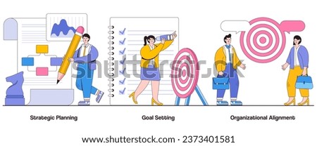 Strategic planning, goal setting, organizational alignment concept with character. Strategic direction abstract vector illustration set. Strategic vision, actionable objectives, goal attainment. Royalty-Free Stock Photo #2373401581