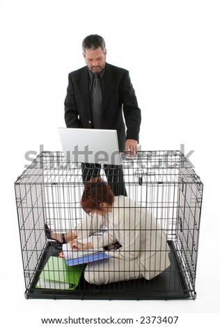 Thirty something business woman trapped in cage.