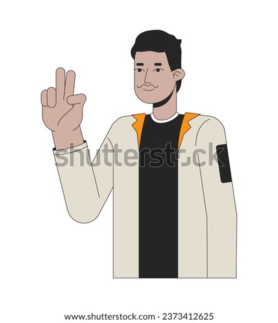 Indian mustache man peace sign hand 2D linear cartoon character. Adult south asian moustache guy taking selfie isolated line vector person white background. Mood fun color flat spot illustration