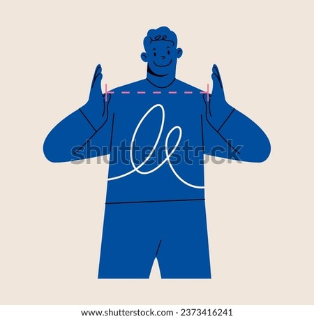 Man demonstrate measurement with palm. Colorful vector illustration