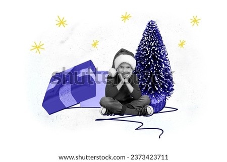 Creative drawing collage picture of funny cute little boy dreamy have fun big present new year atmosphere christmas celebration x-mas