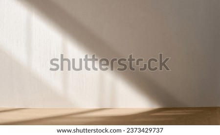 Aesthetic geometric sunlight shadows on white textured wall and beige wooden floor, empty template for home room interior product, background for branding design showcase, copy space