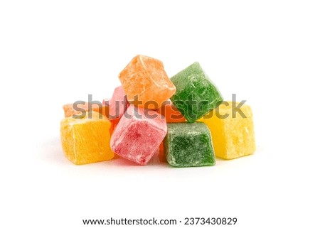 Traditional Turkish delight isolated on white background. Assorted. Sweet delicious lukum color Royalty-Free Stock Photo #2373430829