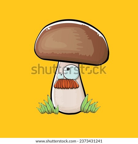 Cartoon mushroom characters isolated on orange background. Funky boletus character with eyes and mouth. Vector white mushroom with brown cap clip art, emoji, label and sticker