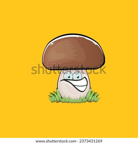 Cartoon mushroom characters isolated on orange background. Funky boletus character with eyes and mouth. Vector white mushroom with brown cap clip art, emoji, label and sticker
