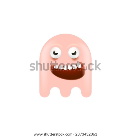 Funny cute smiling pink ghost monster isolated on white background. Funky pink Ghost cartoon character and cute emoji. Halloween spirit element.