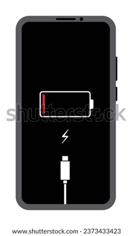 Battery low symbol interface for smartphones. Smartphone with a low battery icon on the screen and the battery charge cable is connected. Low battery warning on mobile phone. Need to connect charger.