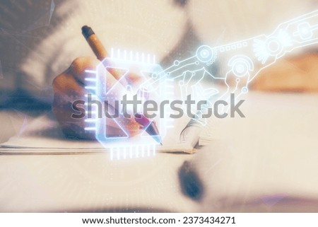 Multi exposure of woman's writing hand on background with data technology hologram. Concept of innovation.