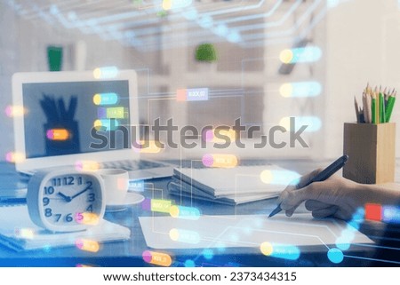 Multi exposure of woman hands on background with technology coding hologram. Data concept.