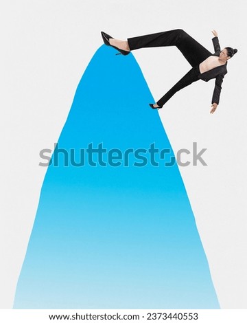 Poster. Contemporary art collage. Modern creative artwork. Concentrated woman, business person dressed officially go up with huge legs on huge parabola-graph. Concept of business, online work, goals.