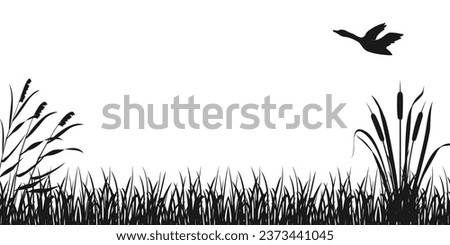 Silhouette of grass with reeds and flying duck. Wetlands vector illustration. Dark background on theme of hunting.