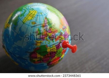 Close up image of push pin pointing at Gaza, Palestine on world globe. Copy space for text Royalty-Free Stock Photo #2373448361