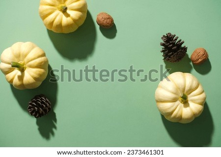 Against the green background, mini pumpkins, dry pine cones and walnuts decorated. Blank space in the middle for design. Top view, minimalist scene for Autumn decoration