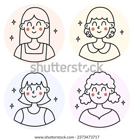 Set of cute girl avatar profile line art. Collection of beauty woman portrait
