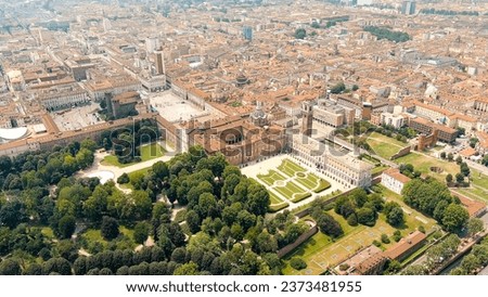 Turin, Italy. Complex of buildings of the Royal Palace in Turin. Panorama of the historical city center. Summer day, Aerial View   Royalty-Free Stock Photo #2373481955