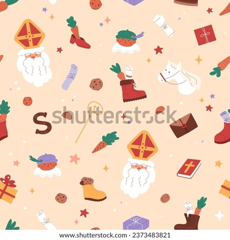 Sinterklaas seamless pattern. Saint Nicholas portrait, little piet, cute horse, cookies and carrots in shoes, gift boxes, drawing in boot. Chocolate letter. Traditional elements. Vector illustration Royalty-Free Stock Photo #2373483821