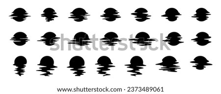 Large set with black sun on white background. Reflection of the sun in the water or wave. Glitch. Sunset and dawn.   Royalty-Free Stock Photo #2373489061