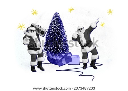 Creative drawing collage picture of two funny santa claus dance boom box disco new year snowy atmosphere christmas celebration x-mas