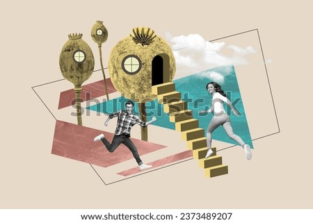 Surreal creative picture collage young couple lovers together climb stairs absurd hometown purchase entrance isolated on beige background