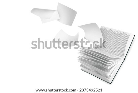 Open book and many flying pages isolated on white  Royalty-Free Stock Photo #2373492521