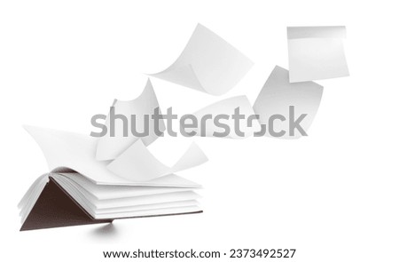 Open book and many flying pages isolated on white  Royalty-Free Stock Photo #2373492527