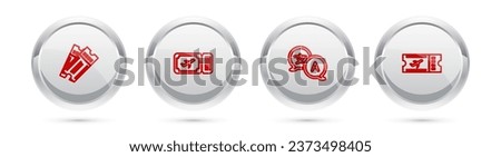 Set line Ticket, Airline ticket, Translator and . Silver circle button. Vector