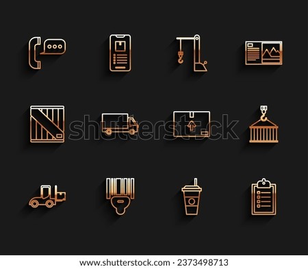 Set line Forklift truck, Telephone with speech bubble chat, Coffee cup, Verification delivery list clipboard, Delivery cargo vehicle, Container crane and Cardboard box traffic symbol icon. Vector