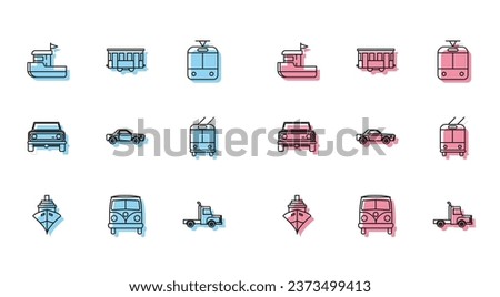 Set line Cargo ship, Retro minivan, Fishing boat, Delivery cargo truck vehicle, Sedan, Trolleybus, Off road and Old city tram icon. Vector