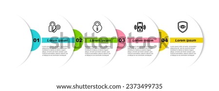 Set line Lock and key, Castle in the shape of heart, Smart car alarm system and Shield eye. Business infographic template. Vector