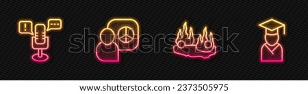 Set line Burning car, Freedom of speech, Peace talks and Graduate and graduation cap. Glowing neon icon. Vector
