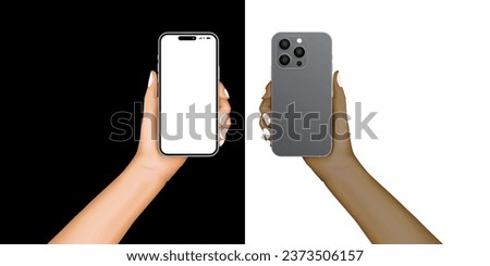 Man or woman realistic black and white hand holding  mobile phone. Realistic smartphone with hands. Advertisement template design concept with smartphone isolated. Vector.