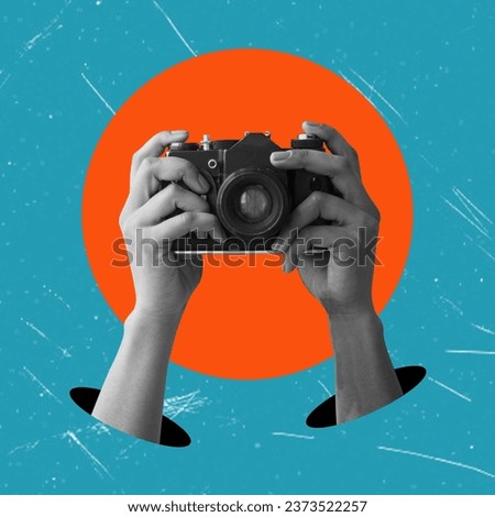 Digital collage with female hands holding a vintage film camera. The concept of journalism and news.