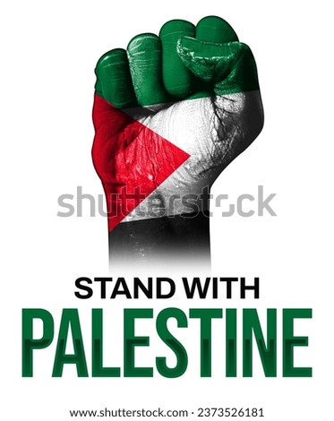 Painted fist with Palestine flag and typography on the side backdrop. Stand with Palestine design concept background