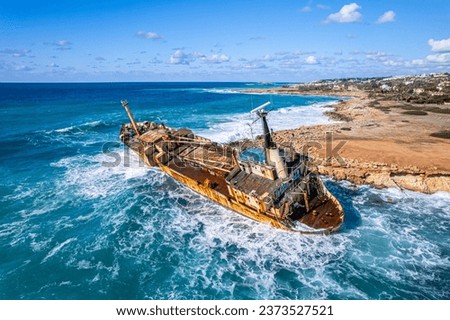 An aerial view of Edro III Shipwreck tourist attraction by the shore in Pegeia, Cyprus