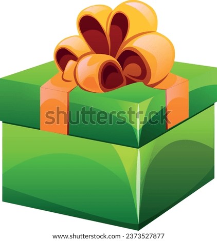 Christmas and Birthday colorful green gift box with golden ribbon. Cartoon wrapped Christmas gift box, Valentine's day, winter holidays presents. Birthday gift box 