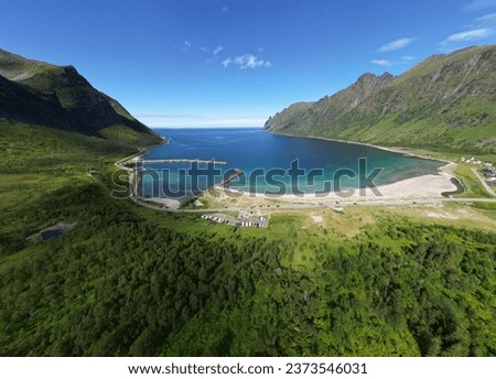 Beautiful beach in northern norway. Camping spot where was best views to ocean see. Ocean was clear, cold and salty. Picture is taken from air. High angle view. Best place for road trip.