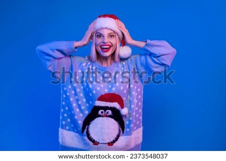 Photo of charming astonished lady hands touch head unbelievable reaction isolated on blue color neon background