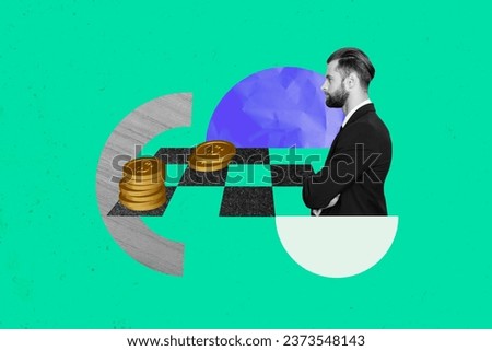 Photo collage artwork of young businessman folded hands confident strategy planning his finances play chess isolated on green background