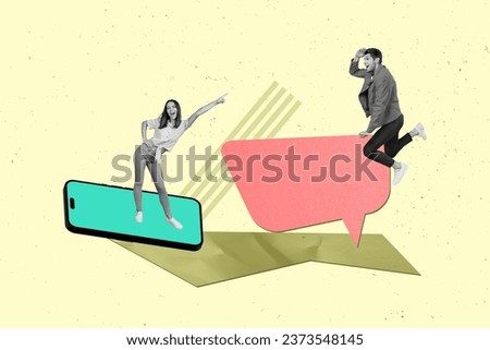 Photo collage artwork of couple communicating online send sms smartphone app correspondence phone display isolated on green background