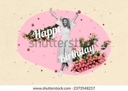 Picture black white gamma collage of lovely cheerful lady good mood rejoice birthday party isolated on beige color drawing background